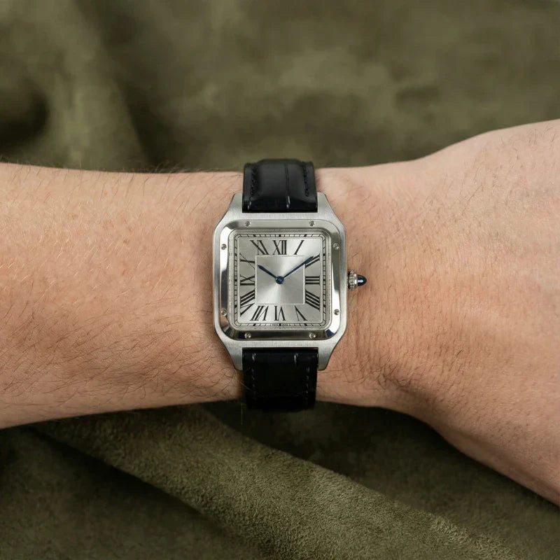 Alberto Square Watch - Silver Steel & Leather Strap