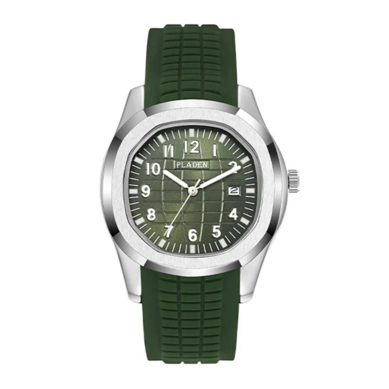Vanetto Aquamare Men's Sport Watch in Silver Steel with Olive Green Rubber Strap - Textured Dial