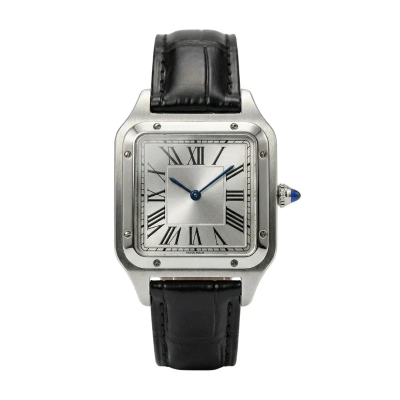 Vanetto Alberto Men's Square Watch in Silver Steel with Black Leather Strap - Art Deco Style