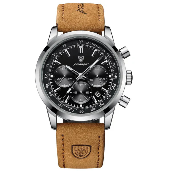 Vanetto Aviatore Men's Pilot Watch with Black Dial and Tan Leather Strap - Aviation Chronograph