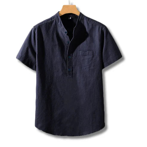 Vanetto Ravello Men's Short Sleeve Linen Shirt in Midnight Navy - Grandad Collar Style