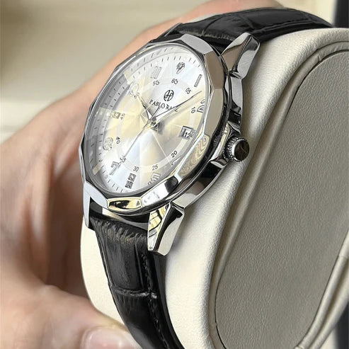 Vanetto Bellagio Men's Dress Watch with Faceted Bezel and Silver Dial - Evening Style