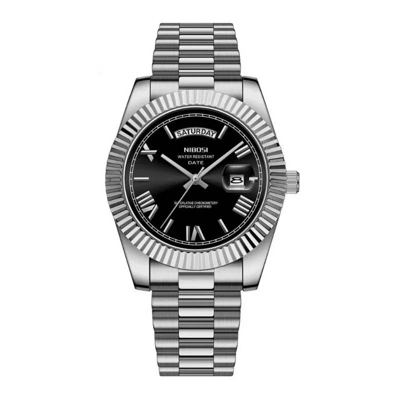 Vanetto Vittorio Men's Day-Date Watch in Silver Stainless Steel with Black Onyx Dial - Classic Business Watch